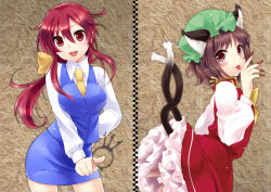 Rule 34 | 2girls, :p, alternate costume, animal ears, bad id, bad pixiv id, blush, bow, brown eyes, brown hair, cat ears, cat tail, chen, chinese clothes, earrings, formal, green hat, hair bow, hat, jewelry, key, keyring, kotohime (touhou), long hair, miniskirt, multiple girls, multiple tails, nail polish, necktie, pencil skirt, petticoat, ponytail, red eyes, red hair, red nails, short hair, skirt, skirt set, skirt suit, suit, tail, tongue, tongue out, touhou, touhou (pc-98), vest, yukian