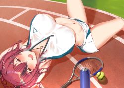 Rule 34 | 1girl, :d, arched back, armpits, arms behind head, azur lane, ball, blush, bottle, breasts, bremerton (azur lane), bremerton (scorching-hot training) (azur lane), cleavage, commentary request, cowboy shot, crop top, green skirt, grey hair, groin, hair between eyes, hair ornament, hairclip, heart, heart-shaped pupils, heart necklace, heavy breathing, jewelry, large breasts, long hair, looking at viewer, midriff, mole, mole under eye, multicolored hair, navel, necklace, open mouth, outdoors, pink eyes, pink hair, racket, shadow, shirt, sidelocks, skirt, sleeveless, sleeveless shirt, smile, solo, sportswear, streaked hair, sweat, symbol-shaped pupils, teeth, tennis ball, tennis court, tennis racket, tennis uniform, twintails, two-tone hair, two-tone skirt, underboob, upper teeth only, water bottle, white shirt, white skirt, yamiiv
