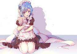 Rule 34 | 1girl, blue eyes, blue hair, blush, breasts, cleavage, highres, hikotou (sao73cat), huge breasts, kneeling, maid, open mouth, original, simple background, solo, stuffed toy, thighhighs, white background
