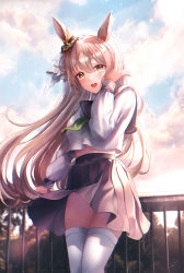 Rule 34 | 1girl, absurdres, animal ears, black sailor collar, black skirt, blush, bow, breasts, brown eyes, brown hair, cloud, cloudy sky, commentary request, cowboy shot, day, ear ribbon, floating hair, green neckerchief, hair between eyes, half updo, hand up, highres, horse ears, horse girl, huge filesize, light particles, long hair, long sleeves, looking at viewer, medium breasts, midriff peek, neckerchief, open mouth, pippin (pippin sol), pleated skirt, sailor collar, satono diamond (umamusume), school uniform, serafuku, shirt, skirt, sky, smile, solo, standing, teeth, thighhighs, umamusume, upper teeth only, very long hair, white shirt, white thighhighs