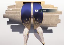 Rule 34 | 1girl, ass, ass focus, bad id, bad pixiv id, bent over, boots, cameltoe, chinese text, from behind, gameplay mechanics, genshin impact, glory wall, hane (15188414), hane (megaraba), high heels, highres, jean (genshin impact), legs, magnifying glass, pants, solo, stuck, text focus, through wall, tight clothes, tight pants, translated, white pants