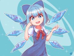 Rule 34 | 1girl, arms up, blue background, blue dress, blue eyes, blue hair, breasts, bright pupils, circled 9, cirno, commentary, contrapposto, cowboy shot, dress, hair ribbon, hand on own cheek, hand on own face, head tilt, highres, number background, open mouth, pinafore dress, puffy short sleeves, puffy sleeves, red neckwear, red ribbon, ribbon, shirt, short hair, short sleeves, signature, sleeveless dress, small breasts, solo, sparkle, standing, teeth, touhou, upper teeth only, white pupils, white shirt, wings, zanasta0810