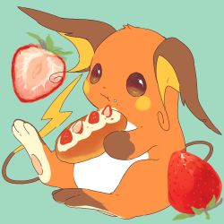 Rule 34 | :t, bad id, bad twitter id, blue background, brown eyes, closed mouth, commentary request, creatures (company), eating, food, food on face, fruit, full body, game freak, gen 1 pokemon, hideko (l33l3b), holding, holding food, nintendo, no humans, pokemon, pokemon (creature), raichu, simple background, sitting, solo, strawberry
