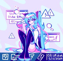 Rule 34 | !, 1girl, aqua hair, aqua necktie, bare shoulders, black sleeves, boots, bubble, closed eyes, cup, detached sleeves, dizzyisdizzy, drinking glass, grin, hatsune miku, headset, highres, holding, holding cup, long hair, multicolored hair, necktie, shirt, sitting, smile, solo, squeans, thigh boots, thighs, twintails, very long hair, vocaloid, white shirt, window (computing), wine glass