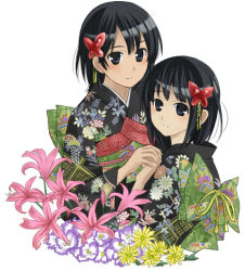 Rule 34 | 2girls, amakura mayu, amakura mio, black hair, fatal frame, fatal frame 2, flower, holding hands, japanese clothes, kimono, lily (flower), multiple girls, siblings, sisters, twins