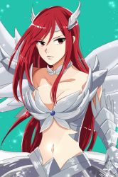 Rule 34 | 1girl, aqua background, armor, armored dress, artist request, bikini armor, breasts, cleavage, closed mouth, collarbone, dress, erza scarlet, fairy tail, female focus, highres, jewelry, large breasts, light particles, lips, long hair, metal wings, midriff, navel, neck, necklace, red eyes, red hair, revealing clothes, serious, sidelocks, simple background, sparkle, strapless, swept bangs, tiara, wings