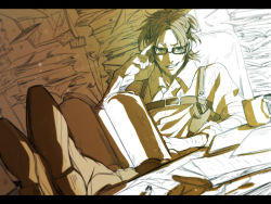 Rule 34 | 1girl, book, cup, feet on table, glasses, grin, hange zoe, holster, letterboxed, looking at viewer, monochrome, mug, papers, sepia, shingeki no kyojin, shirouedogawa, shoulder holster, sitting, smile, solo, spot color, suspenders