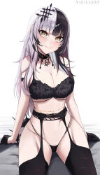 Rule 34 | 1girl, absurdres, black bra, black hair, black panties, black thighhighs, blush, bra, breasts, cleavage, garter belt, garter straps, gloves, grey hair, highres, hololive, hololive english, large breasts, lingerie, long hair, looking at viewer, multicolored hair, panties, shiori novella, sitting, smile, solo, split-color hair, thighhighs, two-tone hair, underwear, underwear only, vicarious, virtual youtuber, yellow eyes, yorick (shiori novella)