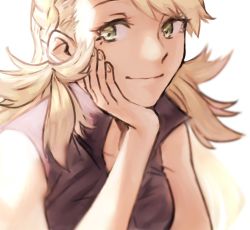Rule 34 | 1girl, blonde hair, blush, braid, fire emblem, fire emblem heroes, gloves, green eyes, long hair, looking at viewer, nintendo, sharena (fire emblem), simple background, smile, solo, tomentomob, white background