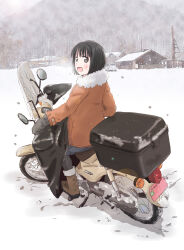 Rule 34 | 1girl, black hair, bob cut, boots, forest, fur collar, grey eyes, highres, honda super cub, house, koguma (super cub), looking at viewer, looking back, maruyo, motor vehicle, motorcycle, nature, on motorcycle, open mouth, outdoors, short hair, smile, snow, solo, super cub, winter, winter clothes