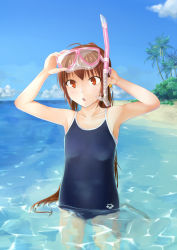 Rule 34 | 1girl, :o, arena (company), arms up, beach, blue theme, brown hair, child, competition school swimsuit, day, diving mask, flat chest, goggles, little busters!, long hair, natsume rin, ocean, one-piece swimsuit, open mouth, outdoors, ponytail, red eyes, rico (remilia), school swimsuit, snorkel, solo, standing, submerged, surprised, swimsuit, wading, water, wet