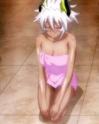 Rule 34 | 10s, 1girl, absurdres, bare shoulders, blush, breasts, cleavage, dark skin, dark-skinned female, closed eyes, female focus, highres, large breasts, naked towel, pointy ears, seiza, shinmai maou no testament, short hair, sitting, solo, stitched, third-party edit, towel, white hair, zest