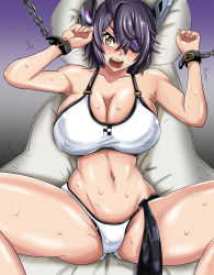 Rule 34 | 10s, 1girl, bad id, bad pixiv id, bdsm, bikini, blush, bondage, bound, bound wrists, breasts, cleavage, covered erect nipples, eyepatch, female focus, headgear, kantai collection, large breasts, looking at viewer, navel, open mouth, puripuri jet, purple hair, restrained, short hair, solo, spread legs, sweat, swimsuit, tenryuu (kancolle), white bikini, yellow eyes