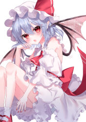 Rule 34 | 1girl, absurdres, ascot, bare shoulders, bat wings, blush, commentary, frilled shirt, frilled skirt, frills, grey hair, hair ribbon, hat, highres, looking at viewer, mob cap, open mouth, red ascot, red eyes, red footwear, red nails, red ribbon, remilia scarlet, ribbon, rori82li, shirt, short hair, simple background, skirt, socks, solo, touhou, white background, white hat, white shirt, white skirt, white socks, wings