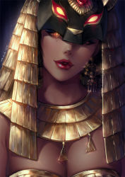 Rule 34 | &#039;o&#039;ne, 1girl, armor, breasts, cleavage, dark skin, dark-skinned female, dated, earrings, egyptian clothes, eyeliner, glowing, glowing eyes, gold armor, hair tubes, head tilt, jewelry, looking at viewer, makeup, mask, mask over one eye, mole, mole under eye, one eye covered, original, parted lips, red lips, short hair, skindentation, solo, upper body, usekh collar