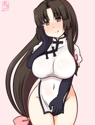 Rule 34 | 1girl, artist logo, black gloves, black hair, blush, breasts, brown eyes, china dress, chinese clothes, cowboy shot, dated, dress, elbow gloves, gloves, gradient background, hair ribbon, kanon (kurogane knights), kantai collection, large breasts, long hair, looking at viewer, no panties, one-hour drawing challenge, pink background, ribbon, shouhou (kancolle), smile, solo, white dress