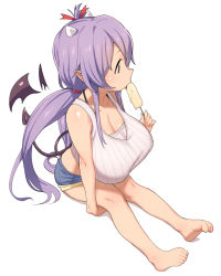 Rule 34 | 1girl, alternate breast size, barefoot, breasts, cleavage, crop top, demon tail, feet, horns, huge breasts, midriff, popsicle, purple eyes, purple hair, sengoku collection, shirt, short shorts, shorts, sitting, solo, tail, taut clothes, taut shirt, tenchisouha, toe scrunch, toes, tsukahara bokuden (sengoku collection), wings