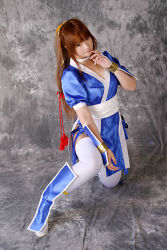 Rule 34 | 1girl, asian, cosplay, dead or alive, indoors, kasumi (doa), kasumi (doa) (cosplay), long hair, looking at viewer, mizuhara arisa, on one knee, pantyhose, pelvic curtain, photo (medium), ponytail, solo, sword, tagme, tecmo, thighhighs, thighhighs over pantyhose, wakizashi, weapon, white thighhighs