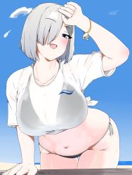 Rule 34 | 1girl, arm support, bikini, bikini under clothes, black bikini, blue hair, breasts, cleavage, collarbone, grey hair, hair over one eye, hamakaze (kancolle), hauto-san, highres, kantai collection, large breasts, leaning forward, looking at viewer, see-through, see-through shirt, shirt, short hair, short sleeves, solo, swimsuit, tied shirt, white shirt