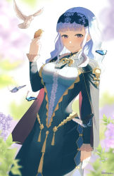 Rule 34 | 1girl, absurdres, bags under eyes, bird, blue butterfly, blue hair, blush, braid, brown eyes, bug, butterfly, closed mouth, crown braid, dress, fire emblem, fire emblem: three houses, fire emblem warriors: three hopes, highres, insect, long hair, long sleeves, looking at viewer, marianne von edmund, nintendo, parupome, simple background, solo, wavy hair, white bird