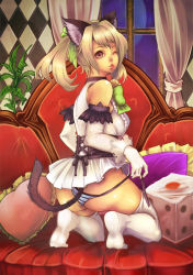 Rule 34 | 1girl, ;p, animal ears, ass, blonde hair, brown eyes, brown hair, cat ears, cat tail, couch, dice, elbow gloves, from behind, gloves, kneeling, looking back, one eye closed, original, panties, side-tie panties, solo, tail, taka (sanoujo358), thighhighs, tongue, tongue out, underwear, undressing, untied, white thighhighs, wink