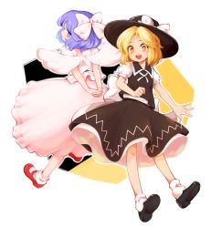 Rule 34 | 2girls, :d, arms behind head, back bow, black footwear, black headwear, black skirt, black vest, blonde hair, bow, clenched hand, flat chest, from behind, full body, hair bow, hat, hat ribbon, looking back, maguro (mawaru sushi), mai (touhou), mary janes, multiple girls, neck ribbon, open mouth, pink bow, pink shirt, pink skirt, puffy short sleeves, puffy sleeves, purple hair, red footwear, ribbon, shirt, shoes, short hair, short sleeves, skirt, smile, socks, touhou, touhou (pc-98), vest, white background, white bow, white legwear, white ribbon, white shirt, wings, yuki (touhou)