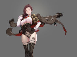 Rule 34 | 1girl, absurdres, bare hips, belt, black footwear, black gloves, boots, bow, bowtie, braid, breasts, brown hair, brown jacket, capelet, center frills, clothes writing, clothing cutout, collared shirt, contrapposto, corset, covered erect nipples, crop top, cross-laced footwear, detective, dress shirt, fishnet thighhighs, fishnets, french braid, frilled sleeves, frills, gloves, grey background, gun, hair over shoulder, half gloves, hand on own hip, handgun, highres, jacket, jacket over shoulder, unworn jacket, kim tae woo, large breasts, long hair, long sleeves, looking at viewer, mole, mole on breast, mole under eye, mole under mouth, original, race queen, red bow, shirt, simple background, solo, thigh boots, thighhighs, thighs, underboob cutout, underbust, weapon, white shirt