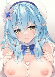 Rule 34 | 1boy, 1girl, absurdres, ahoge, beret, blue bow, blue bowtie, blue hair, bow, bowtie, braid, breasts, breasts out, censored, cleavage cutout, closed mouth, clothing cutout, coat, cum, cum on body, cum on breasts, cum on hair, cum on upper body, flower, fur-trimmed coat, fur trim, gradient background, grey background, hair between eyes, hair flower, hair ornament, hat, heart, heart censor, hetero, highres, hololive, large breasts, long hair, looking at viewer, nipples, off shoulder, paizuri, plaid, plaid bow, plaid bowtie, pointy ears, sasakura, shirt, sleeveless, sleeveless shirt, smile, snowflake hair ornament, upper body, virtual youtuber, white background, white flower, white headwear, white shirt, yellow eyes, yukihana lamy, yukihana lamy (1st costume)