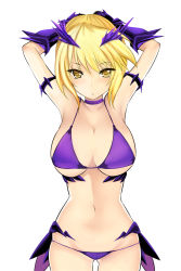 Rule 34 | 1girl, armpits, arms up, artoria pendragon (fate), artoria pendragon (lancer alter) (fate), bikini, blonde hair, breasts, brown eyes, cleavage, fate/grand order, fate (series), jitome, large breasts, looking at viewer, purple bikini, saber (fate), saber alter, shima-shuu, short hair, simple background, skindentation, solo, swimsuit, white background