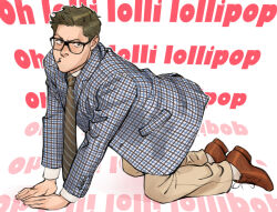 Rule 34 | 1boy, all fours, brown hair, candy, dean winchester, english text, fluffsnake, food, formal, freckles, full body, glasses, green eyes, highres, lollipop, looking at viewer, male focus, mature male, mouth hold, short hair, simple background, solo, suit, supernatural (tv series), white background