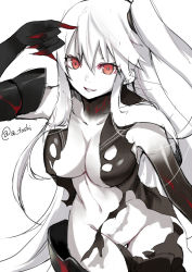 Rule 34 | 10s, 1girl, abyssal ship, aircraft carrier princess, armor, atoshi, bad id, bad pixiv id, bottomless, breasts, claws, cleavage, colored skin, commentary request, fingernails, grin, hair between eyes, kantai collection, large breasts, long hair, looking afar, looking at viewer, navel, no panties, one side up, pale skin, red eyes, sharp fingernails, simple background, smile, solo, torn clothes, twitter username, very long hair, white background, white hair, white skin