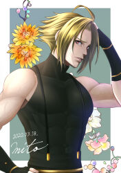Rule 34 | 1boy, adelheid bernstein, black gloves, blonde hair, commentary, covered abs, dated, fingerless gloves, flower, gloves, hand on own head, hand on own hip, male focus, mito amatsu, muscular, muscular male, pectorals, profile, red eyes, signature, sleeveless, sleeveless turtleneck, solo, the king of fighters, turtleneck, upper body, veins