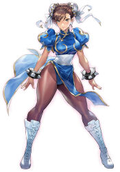 Rule 34 | 1girl, black pantyhose, boots, bracelet, breasts, brown eyes, brown hair, capcom, chinese clothes, chun-li, earrings, full body, hair bun, highres, jewelry, knee boots, large breasts, light blush, matsuda (matsukichi), nails, pantyhose, pearl earrings, short hair, smile, spiked bracelet, spikes, street fighter, white background