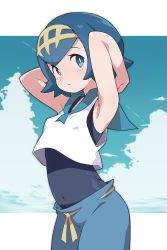 Rule 34 | 1girl, armpits, arms behind head, blue eyes, blue hair, blue sky, breasts, cloud, covered navel, creatures (company), day, game freak, highres, lana (pokemon), long hair, looking at viewer, nintendo, pokemon, pokemon sm, short hair, sky, small breasts, solo, swimsuit, swimsuit under clothes, two-tone background, white background, yokoyoko (nazonazo)