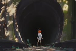 Rule 34 | 1girl, ahoge, boots, brown footwear, commentary, day, emma (yakusoku no neverland), english commentary, from behind, long sleeves, medium hair, orange hair, outdoors, plant, pleated skirt, shadow, shirt, skirt, snatti, solo, standing, tunnel, white shirt, white skirt, wide shot, yakusoku no neverland