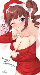 Rule 34 | 1girl, ;d, artist name, bare shoulders, binsen, blurry, blurry background, blush, breasts, brown hair, christmas, cleavage, clothes pull, collarbone, commentary request, drill hair, finger to mouth, fur-trimmed headwear, fur trim, grin, hair ornament, hair scrunchie, hand up, hat, highres, idolmaster, idolmaster million live!, index finger raised, large breasts, long sleeves, looking at viewer, merry christmas, musical note, off-shoulder sweater, off shoulder, one eye closed, open mouth, pom pom (clothes), purple eyes, red headwear, red sweater, ribbed sweater, santa hat, scrunchie, short hair, shushing, side ponytail, sidelocks, signature, sleeves past wrists, smile, solo focus, speech bubble, spoken musical note, standing, sweater, sweater pull, white background, white scrunchie, yokoyama nao