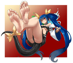 Rule 34 | 1girl, angel wings, ass, asymmetrical wings, bare legs, bare shoulders, barefoot, belt, blue hair, border, breasts, center opening, detached sleeves, dizzy (guilty gear), eiji (eiji), feet, foot focus, foreshortening, guilty gear, guilty gear xrd, hair between eyes, hair ribbon, highres, monster girl, red eyes, ribbon, simple background, small breasts, soles, solo, tail, tail ornament, tail ribbon, thigh strap, thighs, toes, toned, underboob, white background, white border, wide sleeves, wings, yellow ribbon