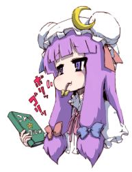 Rule 34 | 1girl, book, crescent, eating, female focus, highres, kodoku no gourmet, long hair, mouse tail, paprika (artist), patchouli knowledge, portrait, purple eyes, purple hair, solo, tail, touhou