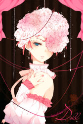 Rule 34 | 1girl, alternate costume, alternate hair color, bare shoulders, black background, blue eyes, bow, collar, detached sleeves, doll (kuroshitsuji), dress, flower, frilled collar, frills, hair ornament, hands on own shoulders, kuroshitsuji, long sleeves, looking at viewer, luvpixel, multicolored clothes, nail polish, one eye covered, parted lips, red hair, rose, short hair, solo