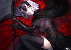 Rule 34 | 1girl, armor, black armor, black cape, black thighhighs, cape, closed mouth, fate/grand order, fate (series), flag, frown, grey hair, holding, holding flag, jeanne d&#039;arc (fate), jeanne d&#039;arc alter (fate), kurozawa yui, multicolored cape, multicolored clothes, petals, red cape, short hair, skindentation, solo, thighhighs, torn, torn cape, torn clothes, two-tone cape, yellow eyes