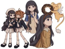 2girls :d =_= ^_^ antenna_hair arm_hug beret black_footwear black_hair black_shirt blue_shirt blunt_bangs blush_stickers brown_dress brown_hair camera cardcaptor_sakura chinese_commentary chocolate_doughnut closed_eyes closed_mouth commentary daidouji_tomoyo doughnut dress facing_another food full_body hair_intakes hairband hand_up happy hat highres holding holding_camera holding_food kero_(cardcaptor_sakura) kinomoto_sakura long_hair long_sleeves looking_at_another looking_at_viewer mary_janes medium_hair miniskirt multiple_girls multiple_views neckerchief open_mouth pleated_skirt purple_eyes red_hairband school_uniform serafuku shirt shoes short_sleeves simple_background skirt sleeveless sleeveless_dress smile socks upper_body upturned_eyes user_cuse4447 very_long_hair wavy_hair white_background white_hat white_neckerchief white_skirt white_socks