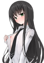 1girl :/ absurdres black_hair black_necktie blush breasts closed_mouth clothes_pull collared_shirt commentary dress_shirt furrowed_brow green_eyes hair_between_eyes hand_up highres long_hair long_sleeves looking_at_viewer natsume_ai necktie nipples no_bra pulling_own_clothes sakura_no_toki shirt shirt_pull shy sidelocks simple_background small_breasts solo straight_hair sweat sweatdrop takoyaki032002 upper_body very_long_hair white_background white_shirt