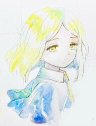 Rule 34 | 1other, androgynous, blonde hair, bob cut, closed mouth, floating hair, frilled sleeves, frills, from side, glint, highres, houseki no kuni, looking at viewer, looking to the side, other focus, painting (medium), parted bangs, sad, short hair, simple background, solo, teru (t sunwheat), traditional media, watercolor (medium), white background, wide sleeves, yellow diamond (houseki no kuni), yellow eyes