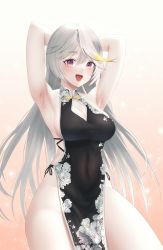 Rule 34 | 1girl, absurdres, armpits, arms behind head, black dress, blonde hair, blush, breasts, china dress, chinese clothes, cleavage, cleavage cutout, clothing cutout, dress, empress (last origin), hayron, highres, last origin, long hair, looking at viewer, navel, open mouth, purple eyes, silver hair, simple background, skindentation, smile, solo, thighs, white background