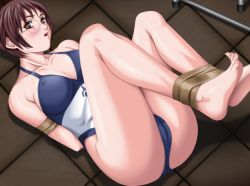 00s 1girl arms_behind_back barefoot bdsm bible_black blush bondage bound breasts brown_eyes brown_hair cameltoe cleavage frown game_cg glasses knees_up large_breasts looking_at_viewer lying nonogusa_miyuki on_floor one-piece_swimsuit open_mouth sei_shoujo short_hair skin_tight swimsuit tape toenails toes