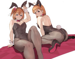 Rule 34 | 2girls, ahoge, alp, animal ears, arched back, arm support, arm up, armpit crease, ass, back, bare shoulders, black footwear, black hairband, black leotard, blue eyes, blush, bow, bowtie, braid, breasts, brown legwear, cleavage, closed mouth, collarbone, commentary request, covered navel, detached collar, dutch angle, fake animal ears, fake tail, footwear bow, grin, hair between eyes, hair bow, hairband, hand on own ear, high heels, in-franchise crossover, knee up, kosaka honoka, large breasts, leotard, looking at viewer, looking back, love live!, love live! school idol project, love live! sunshine!!, multiple girls, no shoes, on floor, one side up, orange hair, pantyhose, pink bow, pink neckwear, playboy bunny, rabbit ears, rabbit tail, red eyes, shoe soles, shoes, short hair, shoulder blades, side braid, sitting, smile, strapless, strapless leotard, tail, takami chika, touching ears, wariza, white background, wrist cuffs