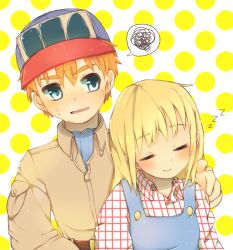 Rule 34 | 1boy, 1girl, bad id, bad pixiv id, baseball cap, blonde hair, blue eyes, blush, claire (bokujou monogatari), closed eyes, gray (bokujou monogatari), harvest moon, hat, long hair, open mouth, orange hair, overalls, sleeping, smile, spoken squiggle, squiggle, sweat, zzz