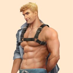 Rule 34 | 1boy, abs, bara, bare pectorals, blonde hair, chest harness, grey shirt, harness, highres, large pectorals, male focus, muscular, muscular male, navel, nez, nipples, open clothes, open shirt, overwatch, overwatch 1, pectorals, shirt, short hair, simple background, smile, soldier: 76 (overwatch), solo, upper body