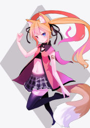 Rule 34 | 1girl, animal ears, blonde hair, blue eyes, blush, fkey, fox ears, fox tail, gradient hair, hair ribbon, heterochromia, highres, looking at viewer, multicolored hair, navel, original, plaid, plaid skirt, red eyes, ribbon, simple background, skirt, solo, standing, standing on one leg, tail, tattoo, thighhighs, twintails, zettai ryouiki