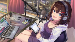 Rule 34 | 1girl, :d, bad id, bad pixiv id, black bra, blue eyes, bookshelf, bra, breasts, brown hair, cable, cellphone, chair, city, city lights, cleavage, collarbone, commentary request, computer, creatures (company), curtains, drawstring, dress, from above, game freak, gen 1 pokemon, glass table, hair ornament, hairclip, headphones, highres, holding, hood, hood down, hooded jacket, index finger raised, indoors, jacket, kty (jarijarikun), laptop, long sleeves, looking at viewer, looking to the side, manga (object), medium breasts, microphone, night, nintendo, open clothes, open jacket, open mouth, original, phone, pikachu, pokemon, pokemon (creature), purple dress, short hair, sitting, smartphone, smile, solo, table, tablet pc, translation request, underwear, white jacket, window